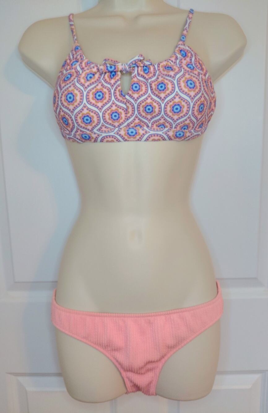 Aerie Geo Tile Keyhole Bikini Set Top Pink Cheeky Ribbed Bottoms Small 27A Exc